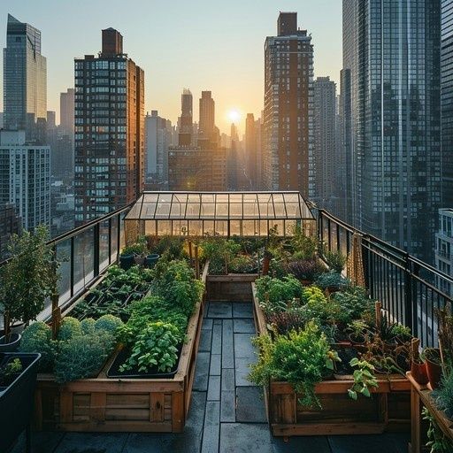 Groene daktuin met plantenbakken tussen hoge gebouwen bij zonsondergang